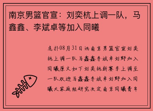 南京男篮官宣：刘奕杭上调一队，马鑫鑫、李斌卓等加入同曦